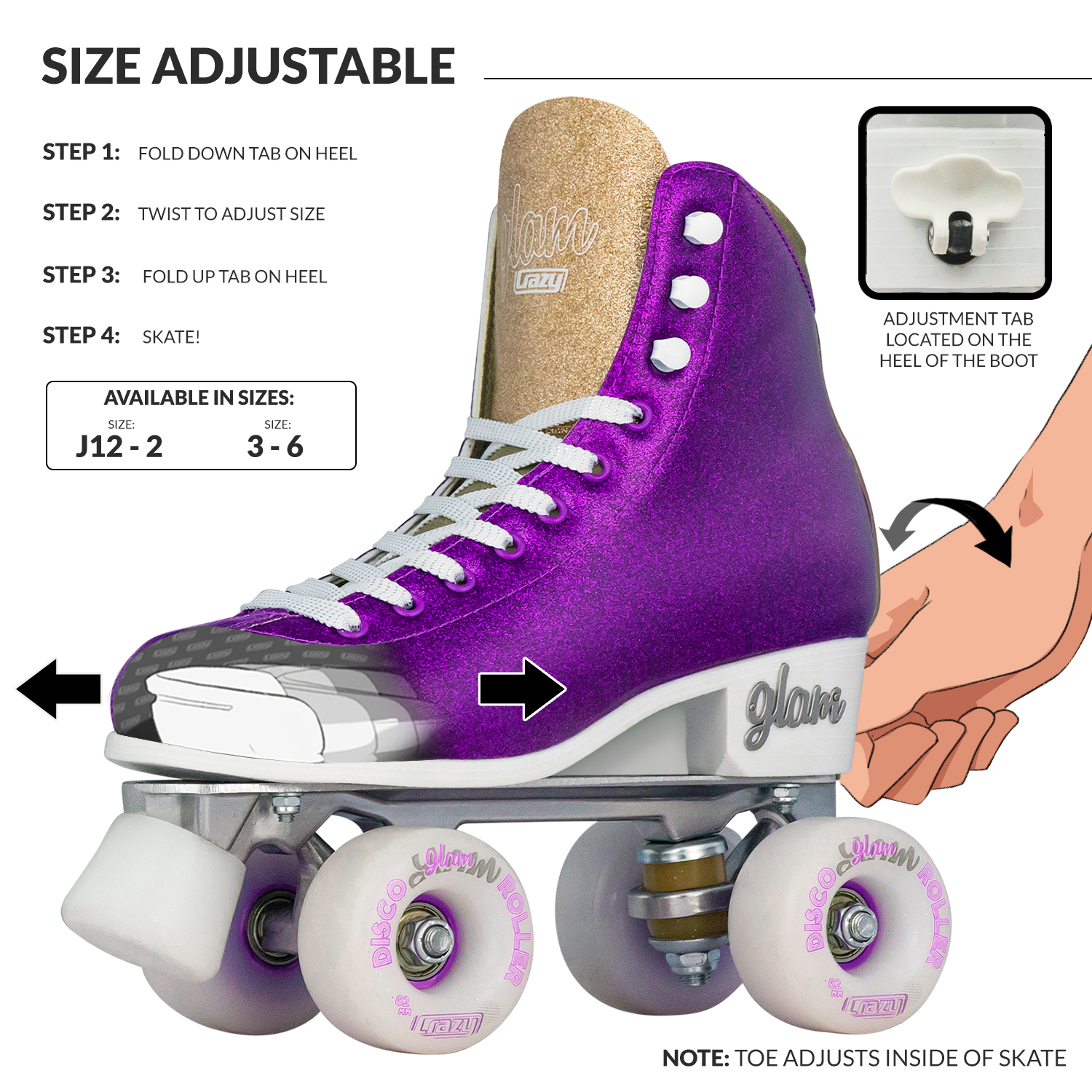 Warehouse Deal | GLAM - Purple Size Adjustable Roller Skates