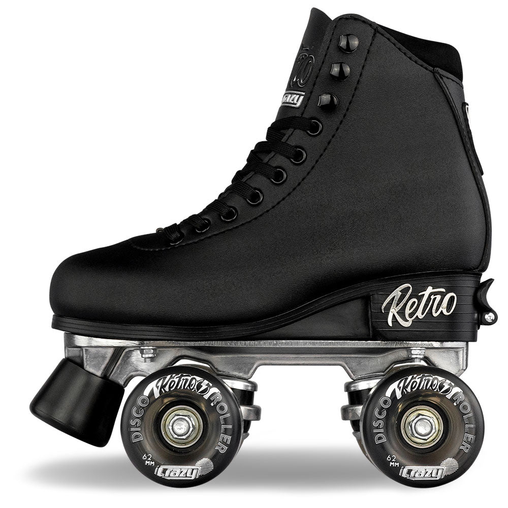 Black retro roller skate with clear wheels on a white background