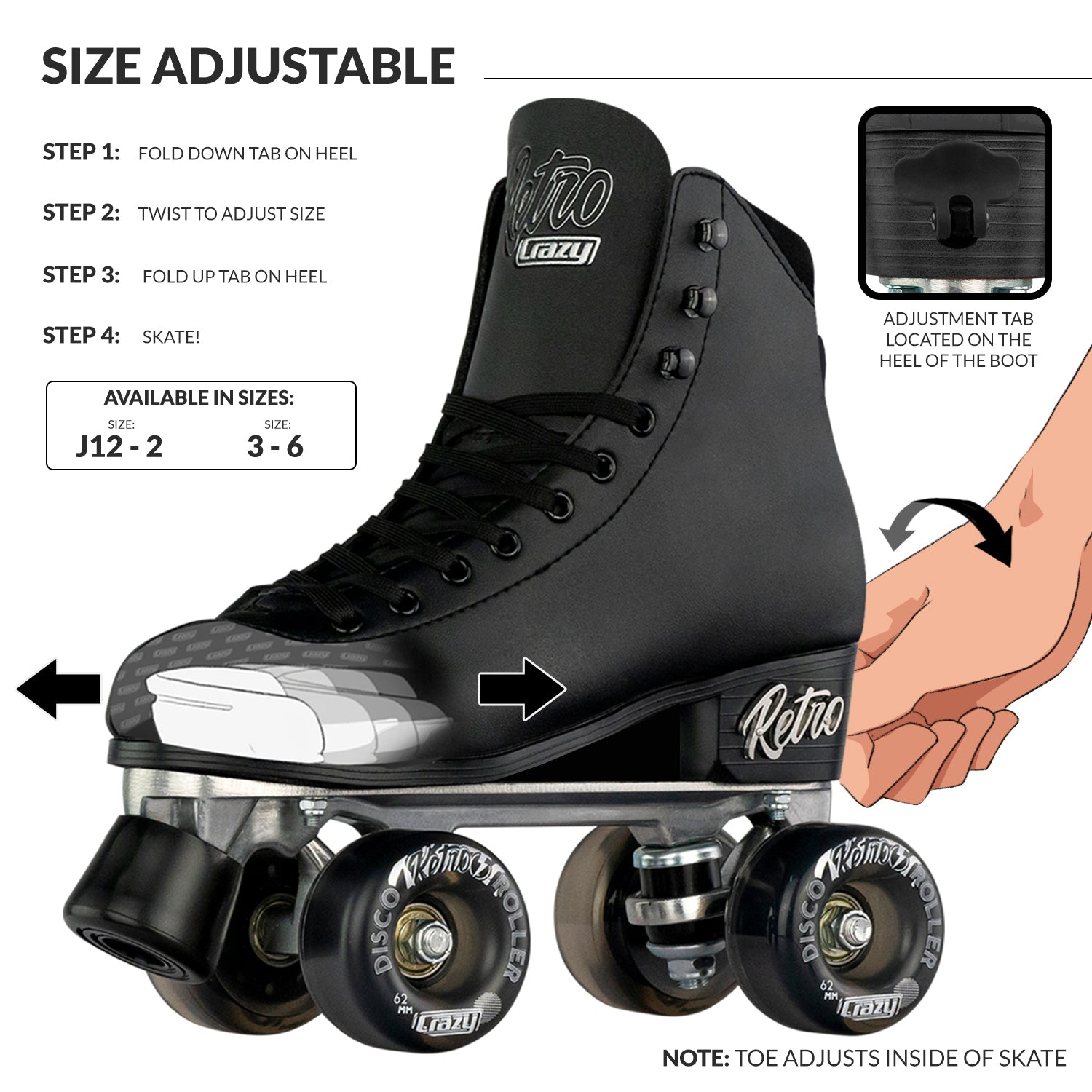Black retro roller skate with adjustable size feature and step-by-step guide on how to adjust it.