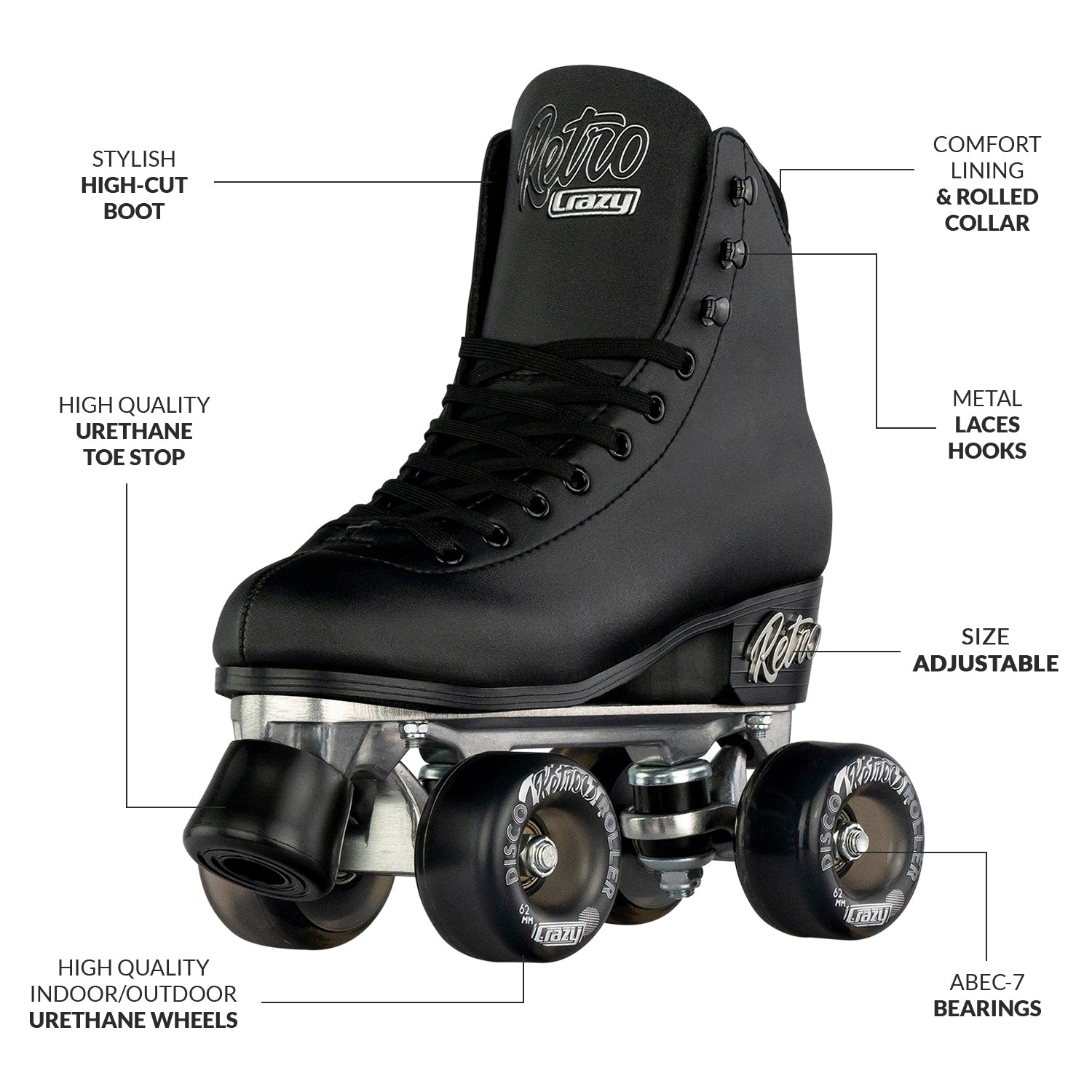 Black roller skate with labeled features on a white background
