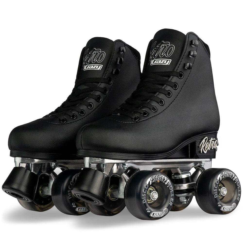 Black roller skates with clear wheels on a white background