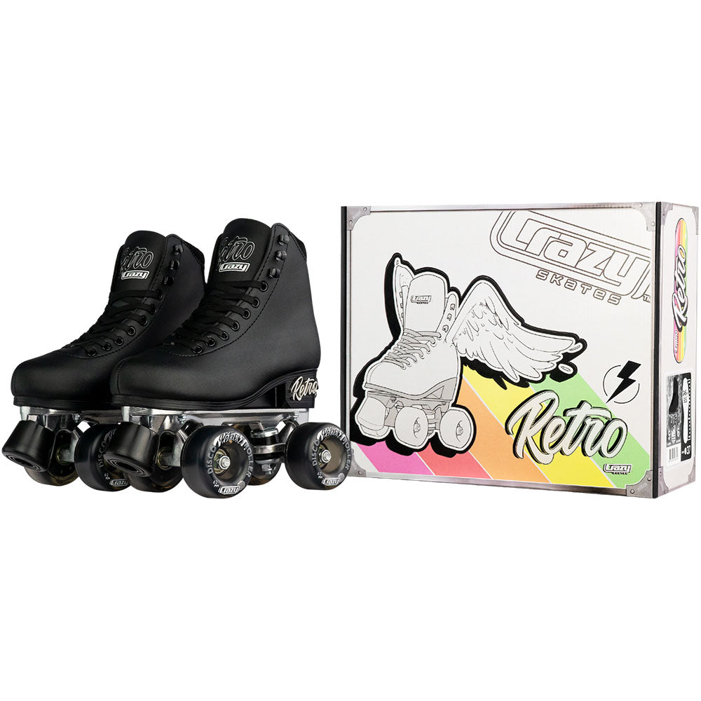 Black roller skates with wheels and a colorful box featuring a logo on a white background