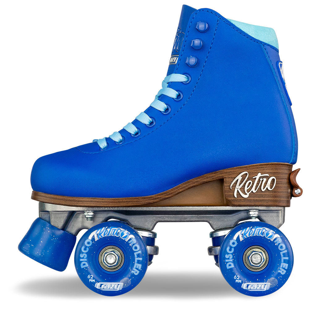 Blue roller skate with brown heel cap and blue wheels on a white background