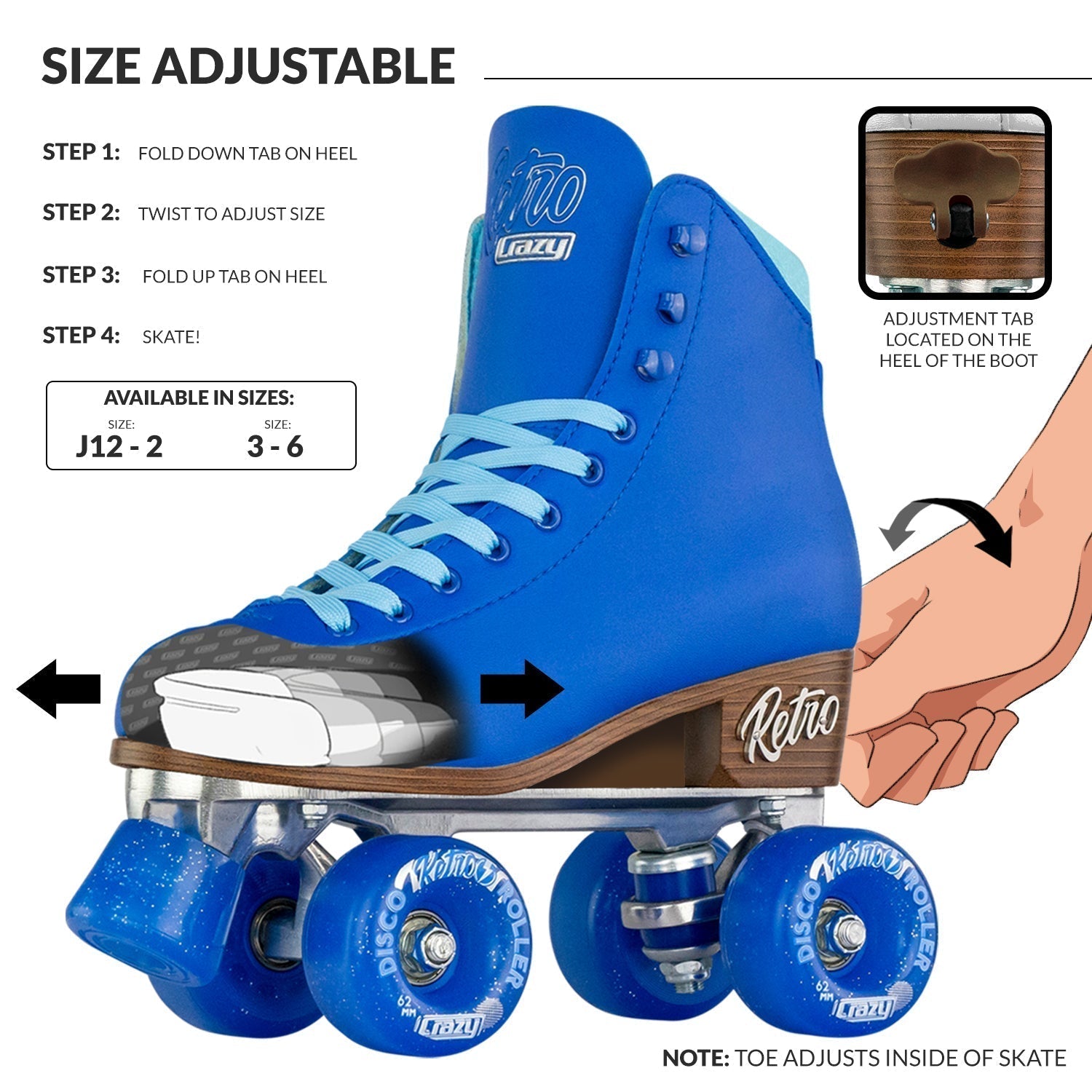 Blue roller skate with adjustable size feature and step-by-step guide on how to adjust it.