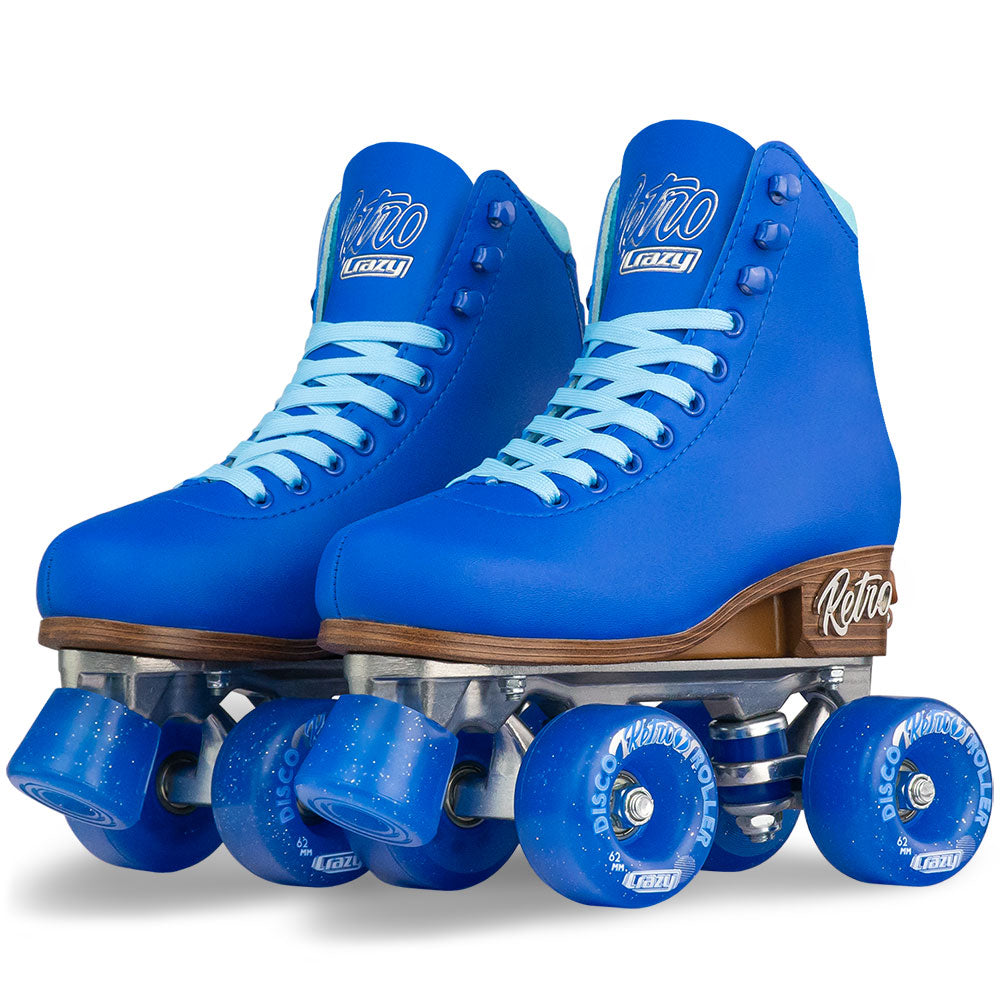 Blue roller skates with clear wheels on a white background