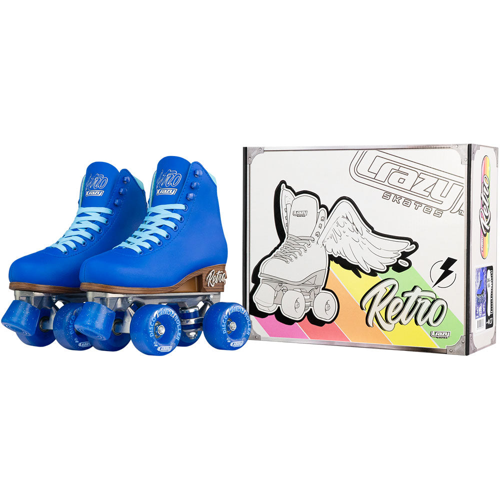 Blue roller skates with wooden soles and blue wheels next to a colorful box featuring the brand logo.