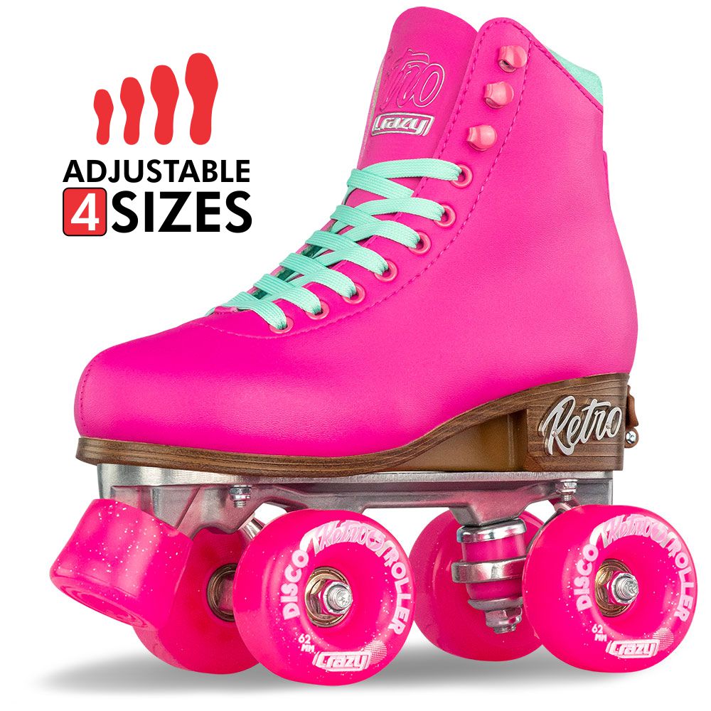 Pink roller skate with adjustable size feature on a white background