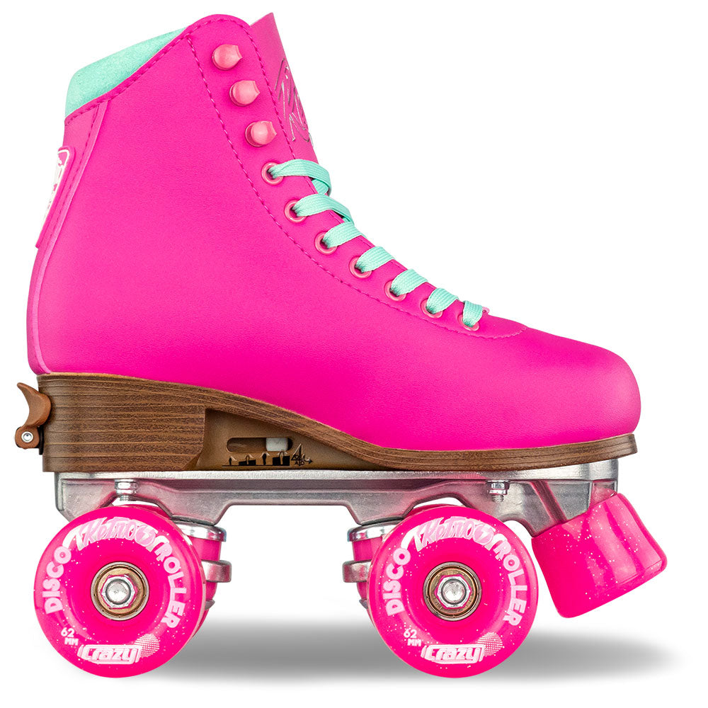 Pink roller skates with turquoise laces on a white background