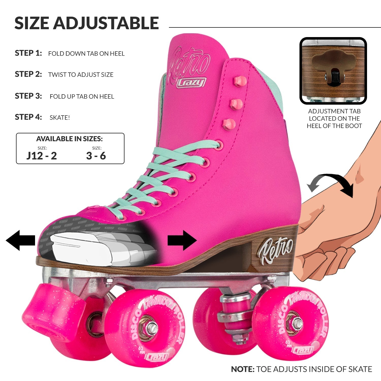 Pink roller skate with adjustable size feature and step-by-step guide on a white background