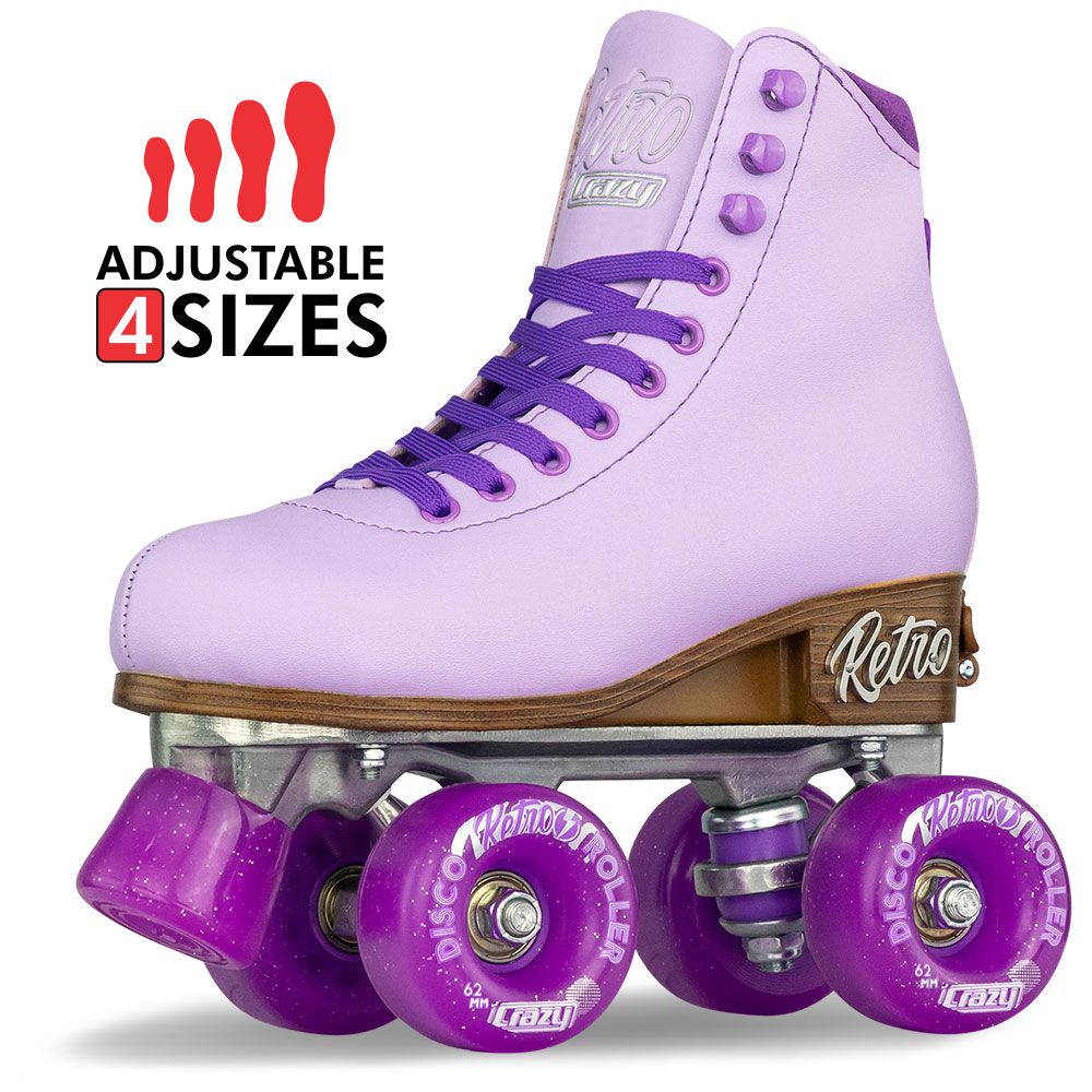 Purple roller skates with adjustable size feature on a white background