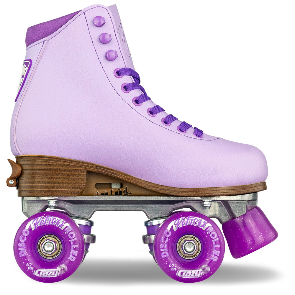 Pair of purple roller skates with wooden wheels on a white background