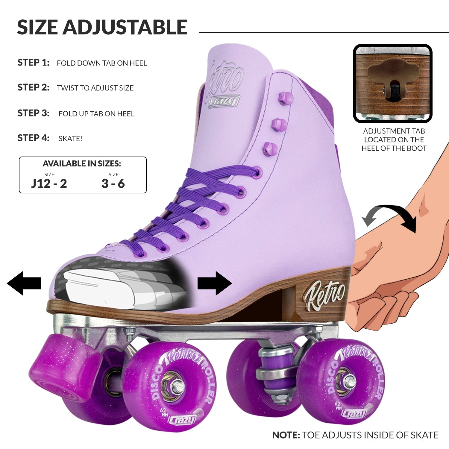 Purple roller skate with adjustable size feature on a white background