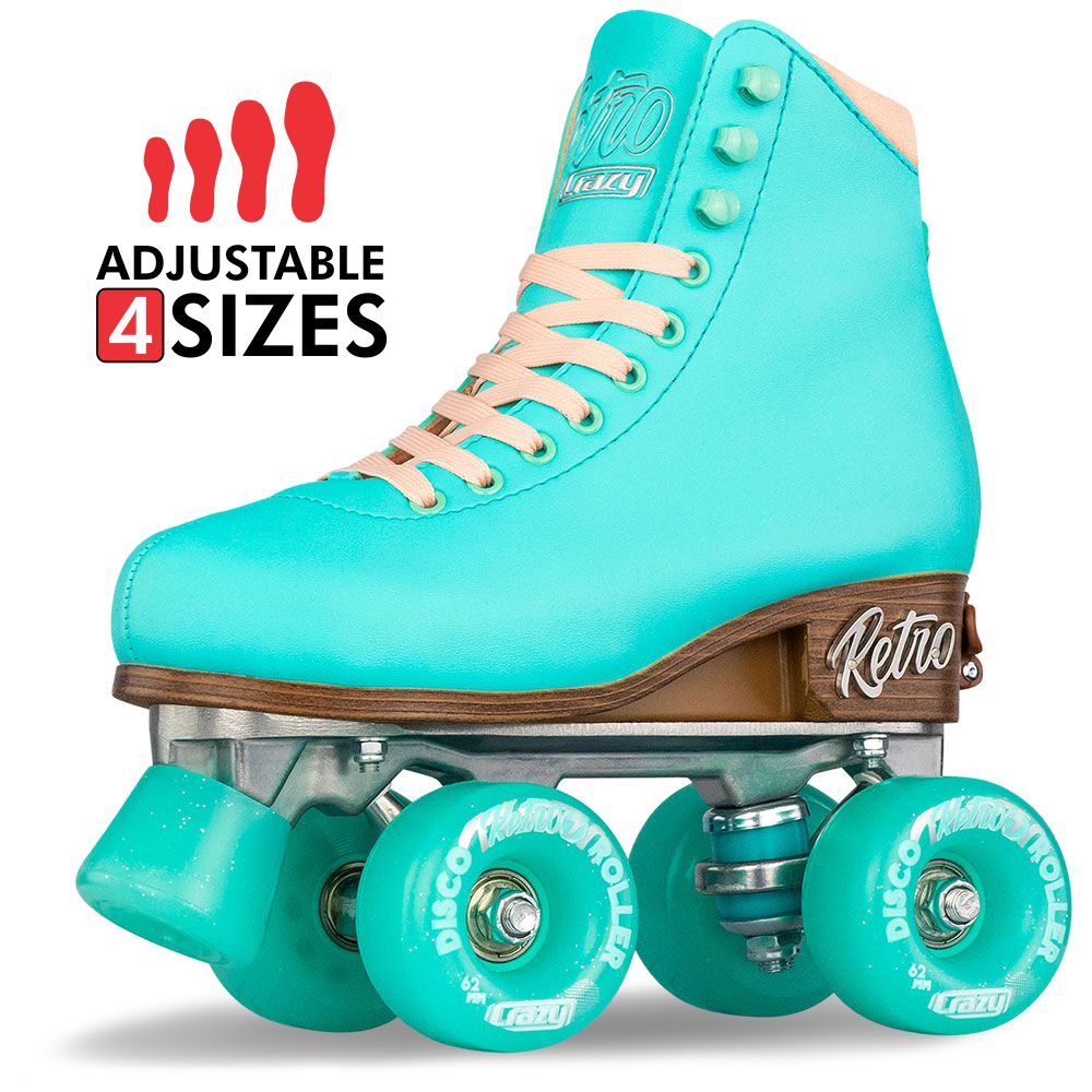 Turquoise roller skate with adjustable size feature on a white background