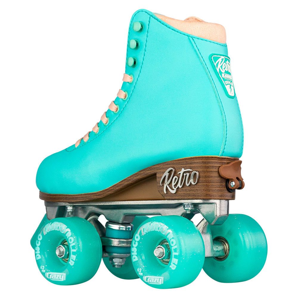 Turquoise roller skate with brown accents on a white background
