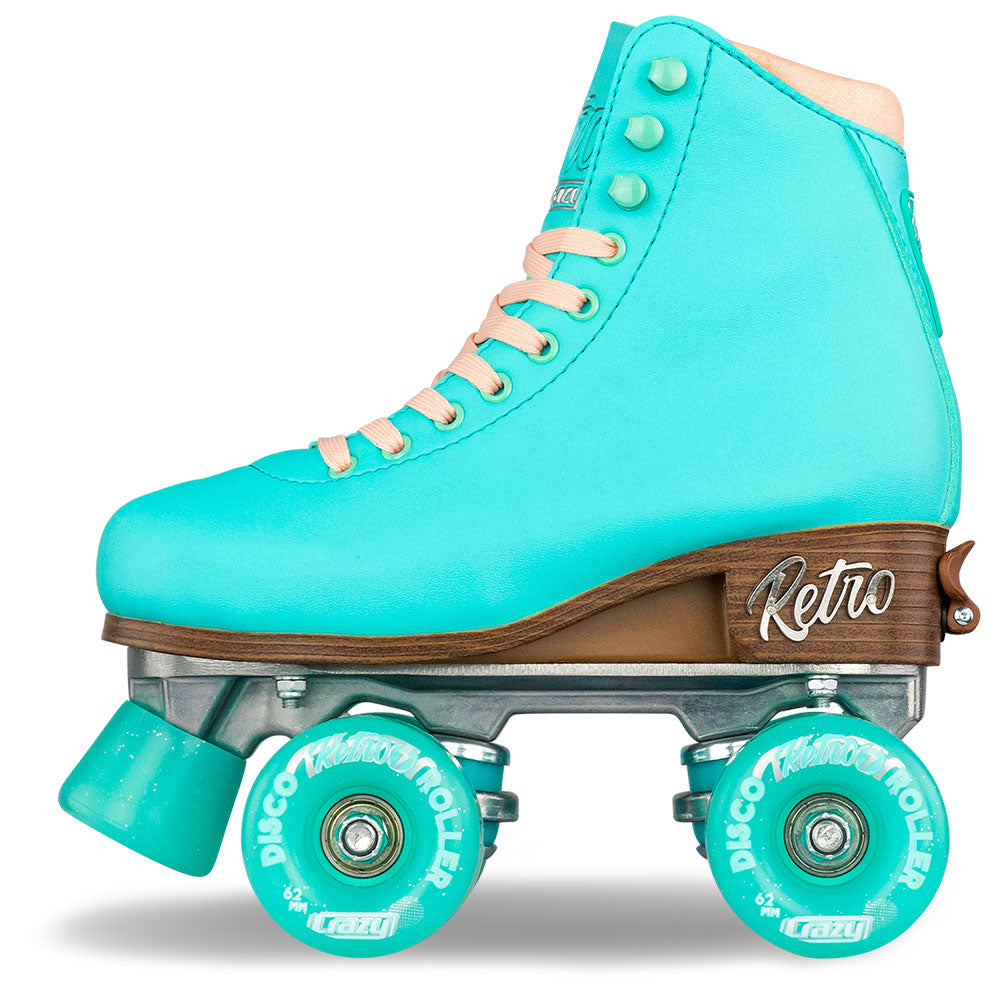 Turquoise roller skate with wooden sole and clear wheels on a white background