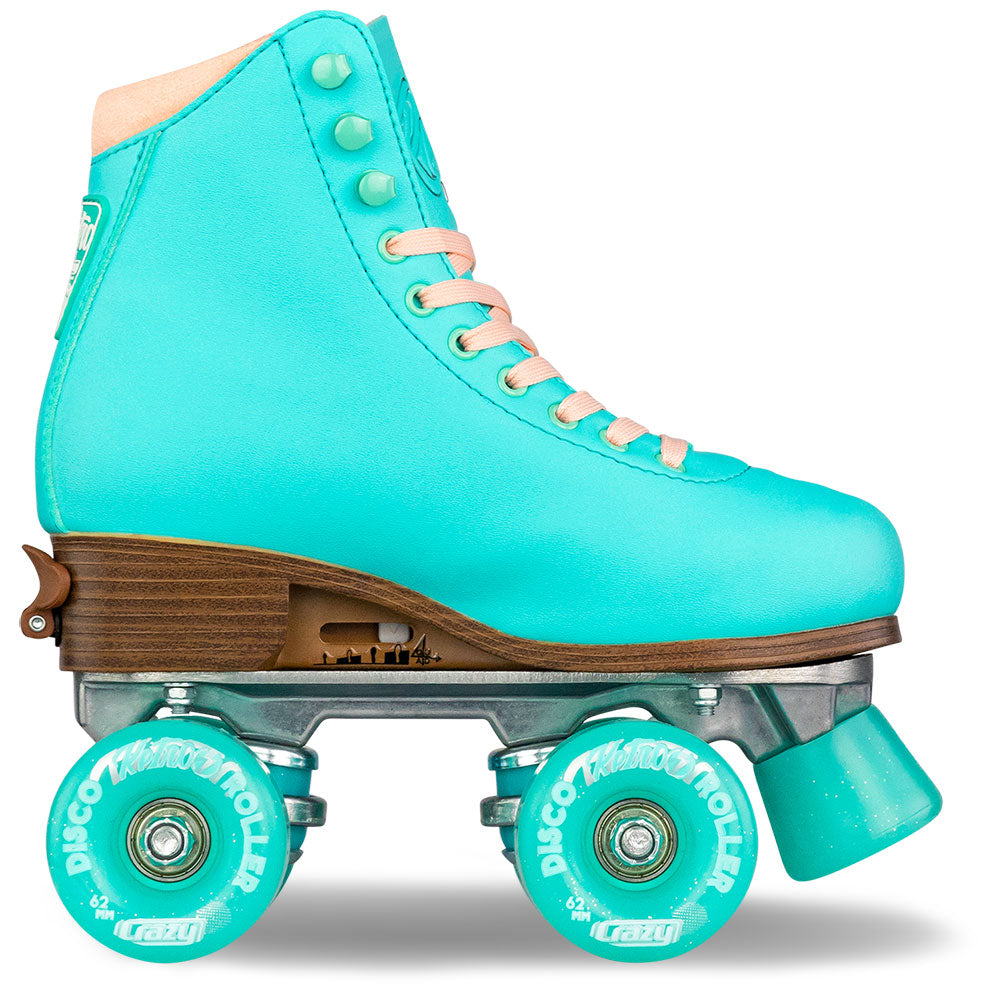 Turquoise roller skate with wooden accents on a white background