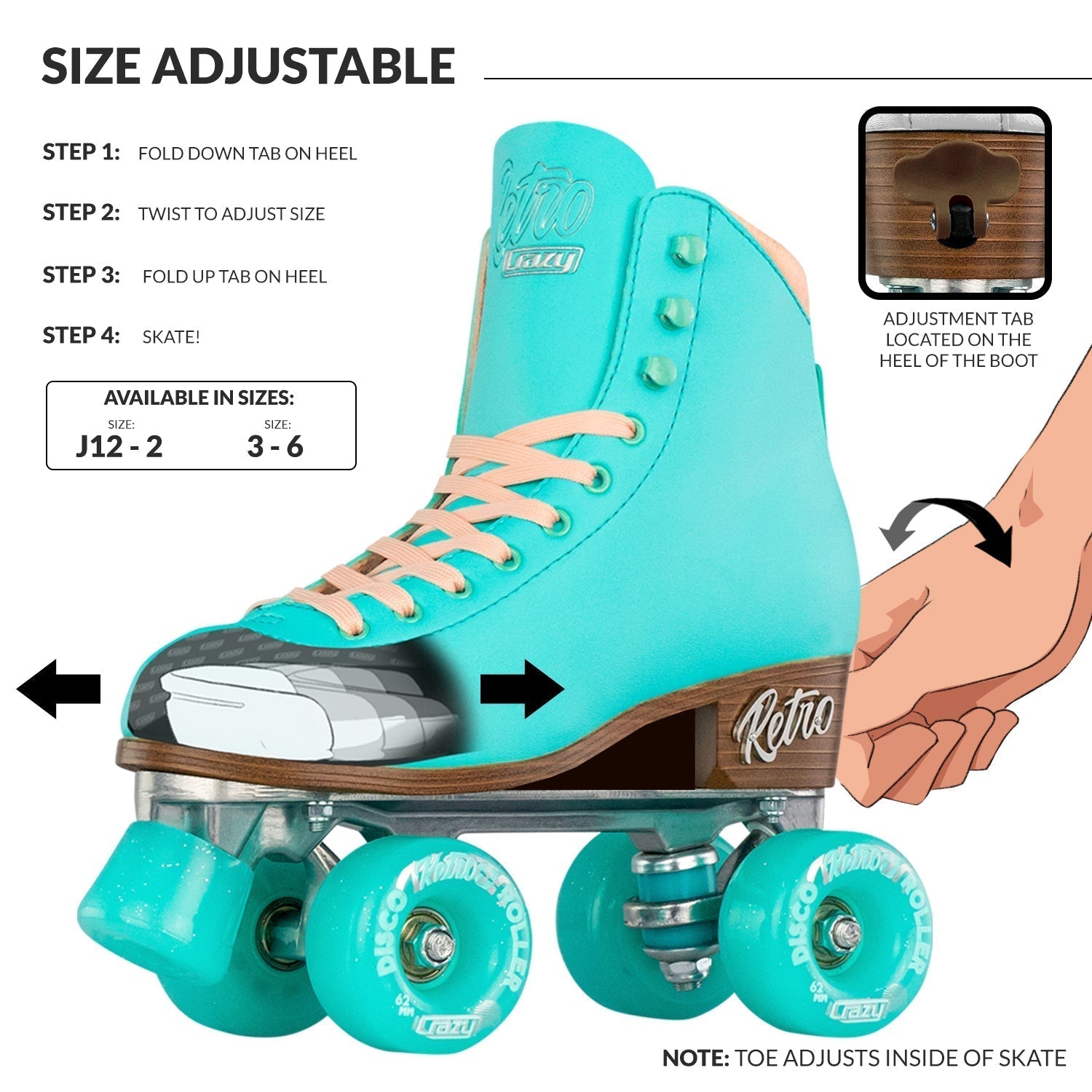 Turquoise roller skate with adjustable size feature and step-by-step guide on how to adjust it.