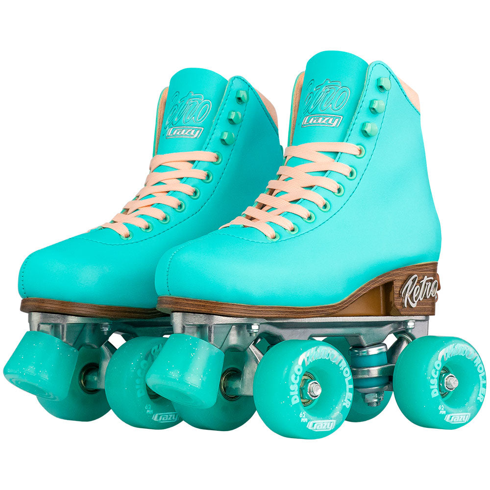 Turquoise roller skates with clear wheels on a white background