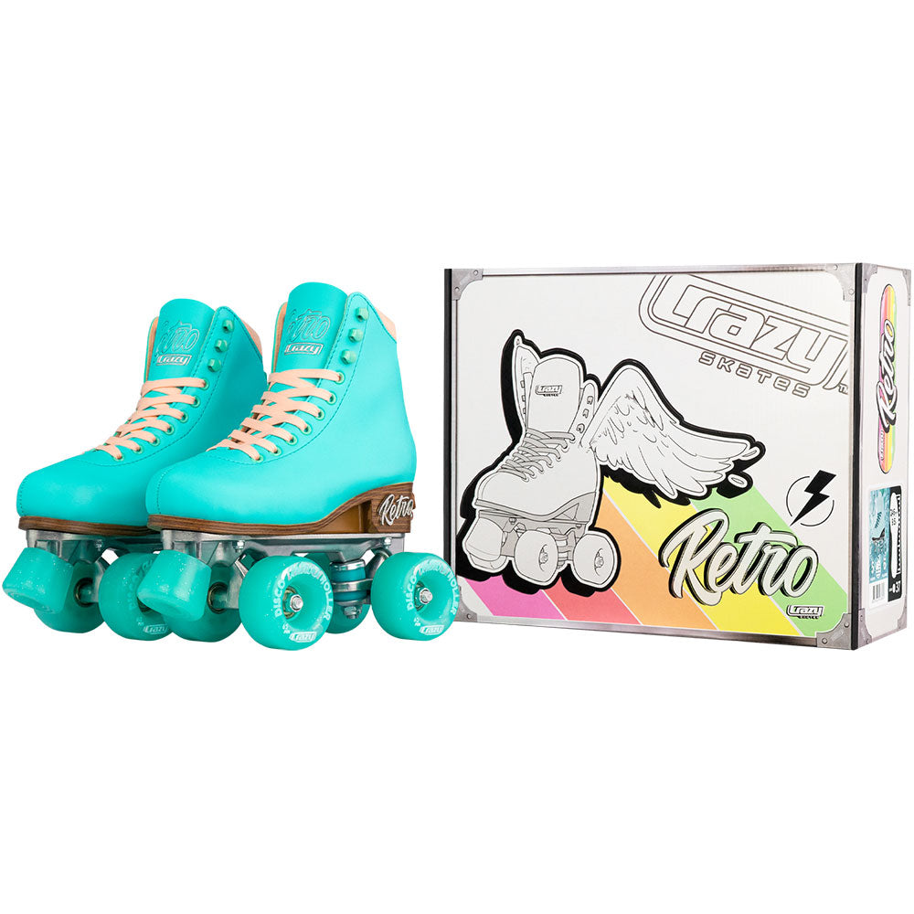 Turquoise roller skates with pink laces next to their packaging box on a white background
