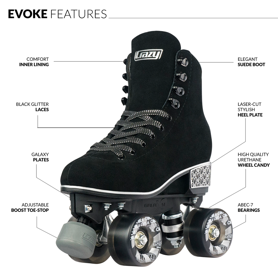 Evoke Black Roller Skates | Crazy Skates