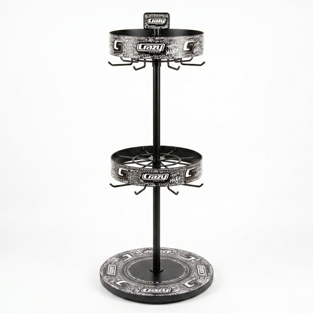 A black metal two-tier display stand with circular shelves, side hooks, and branded circular bases, photographed on a clean white background.