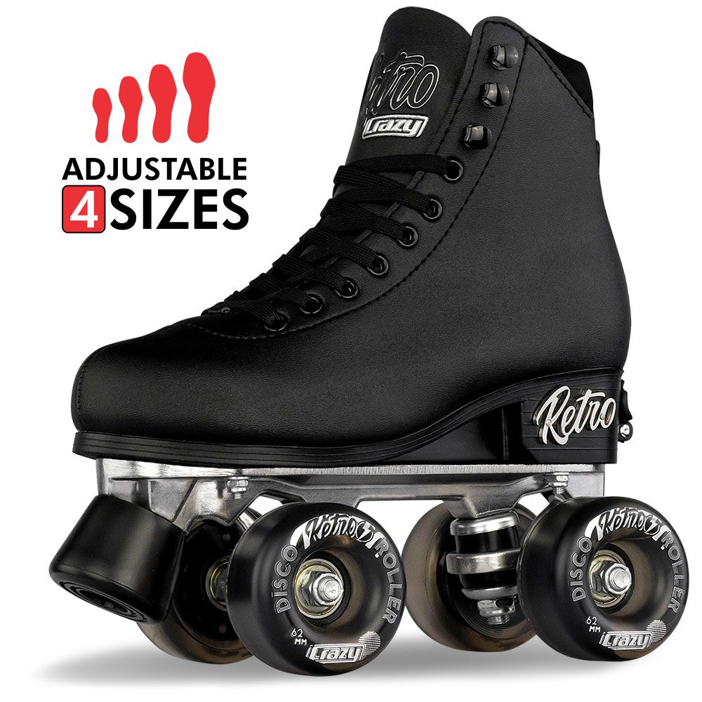 Black roller skate with adjustable size feature on a white background