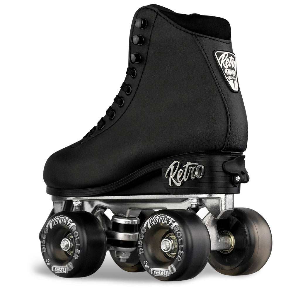 Black retro roller skate with visible branding on a white background