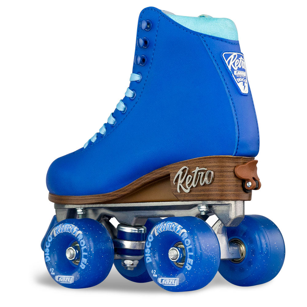 Blue retro roller skate with brown wooden accents on a white background