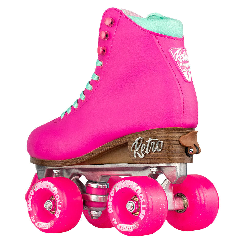 Pink retro roller skate with brown accents on a white background