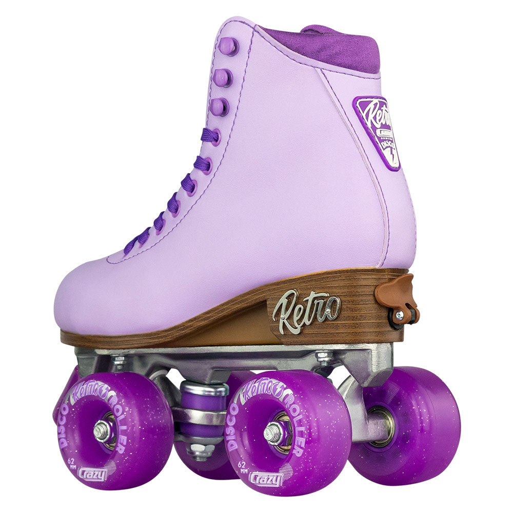 Purple retro roller skate with brown accents on a white background