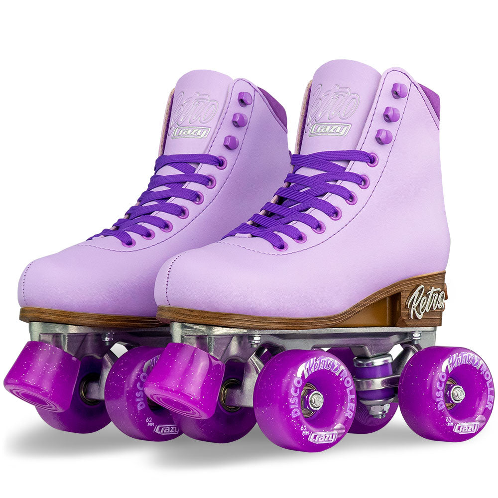 Pair of purple roller skates with purple laces on a white background